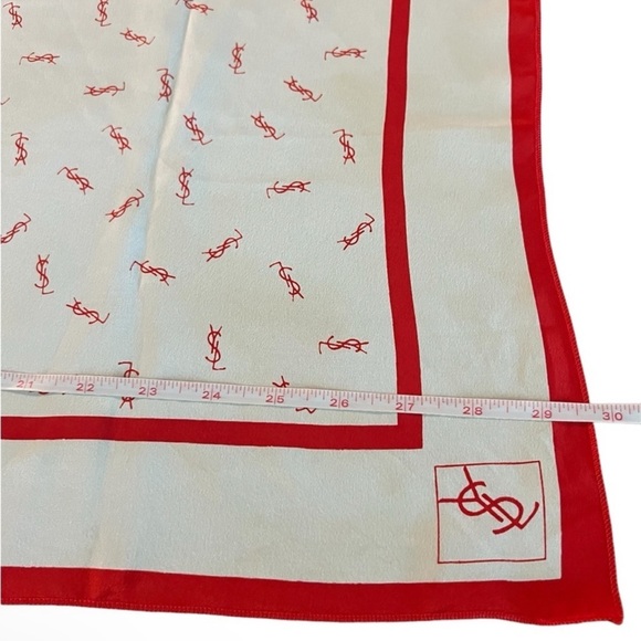 YSL Yves Saint Laurent Silk Scarf Large Multi Wear GUC Red White Monogram - Picture 6 of 12